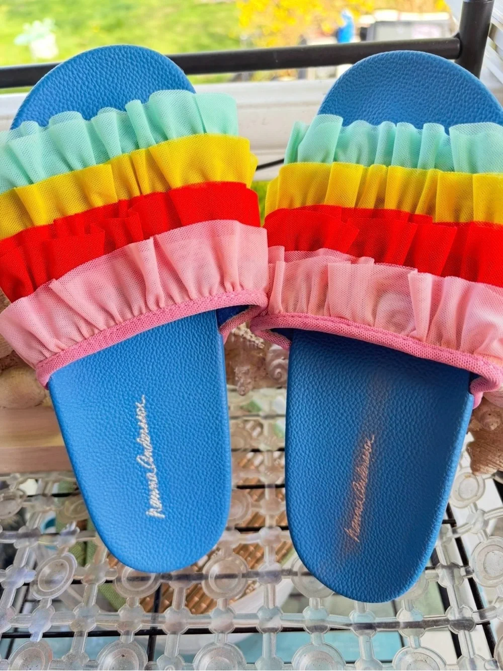 Hanna Andersson Blue Slide Sandals with Rainbow Ruffle Straps